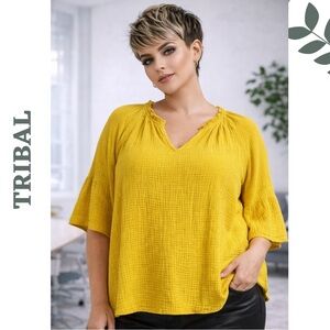 Tribal Jeans Mustard Gauze Cotton Top XXL NWT